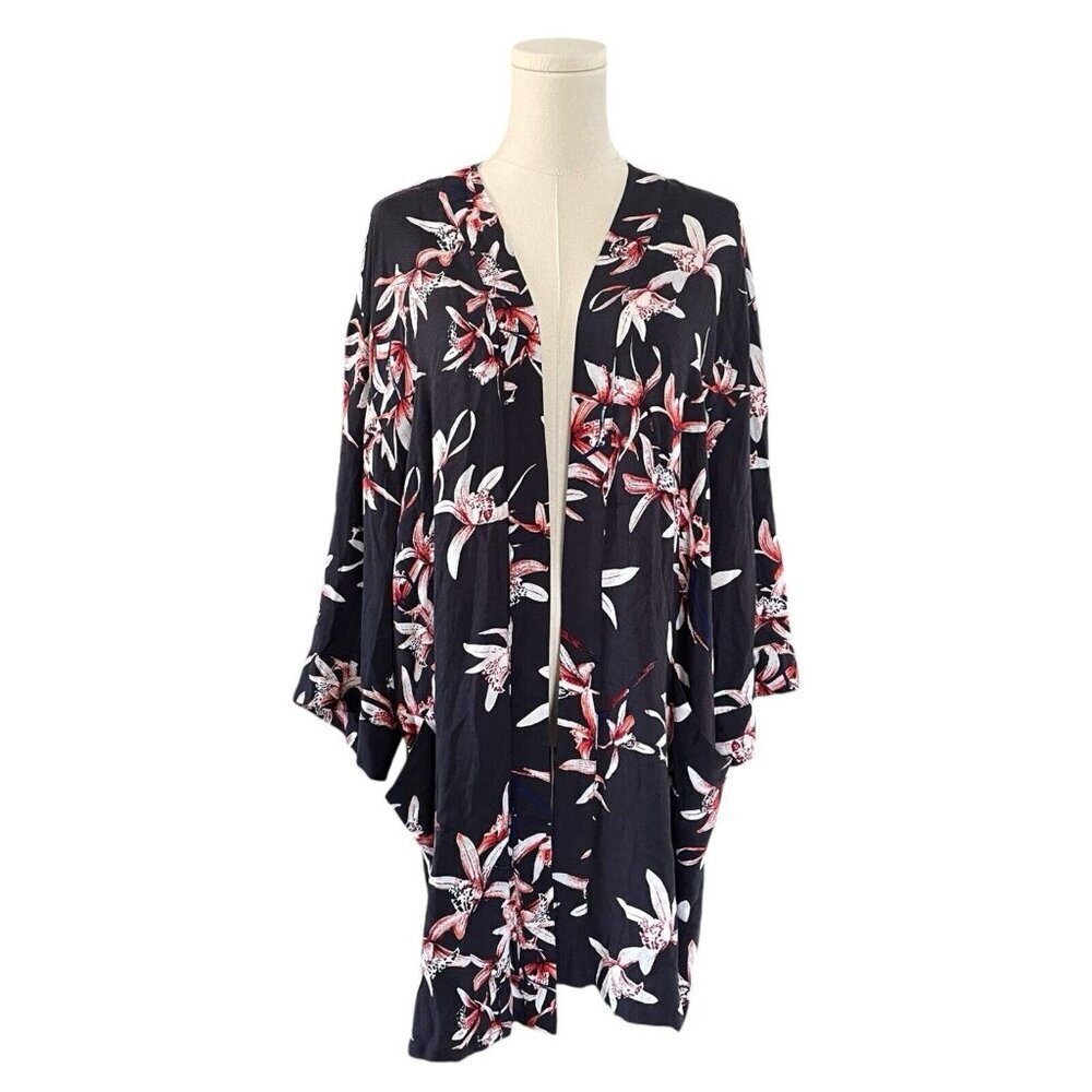 Knot Sisters Floral Kimono Cardigan Cover Womens L Boho Resortwear Rayon Hippie